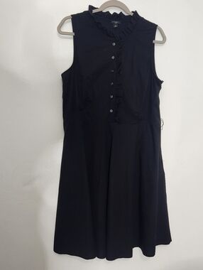 Ann Taylor 14P Black A-Line Dress Ruffle Button Up Pocket Petite 14 LBD